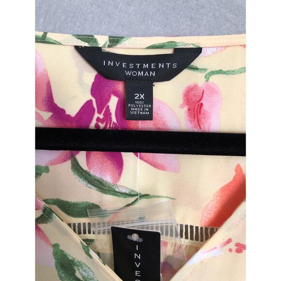 Investments Floral Top Women's 2X Woven V-neck 3/4 Tie Sleeves Yellow NEW - Picture 2 of 7